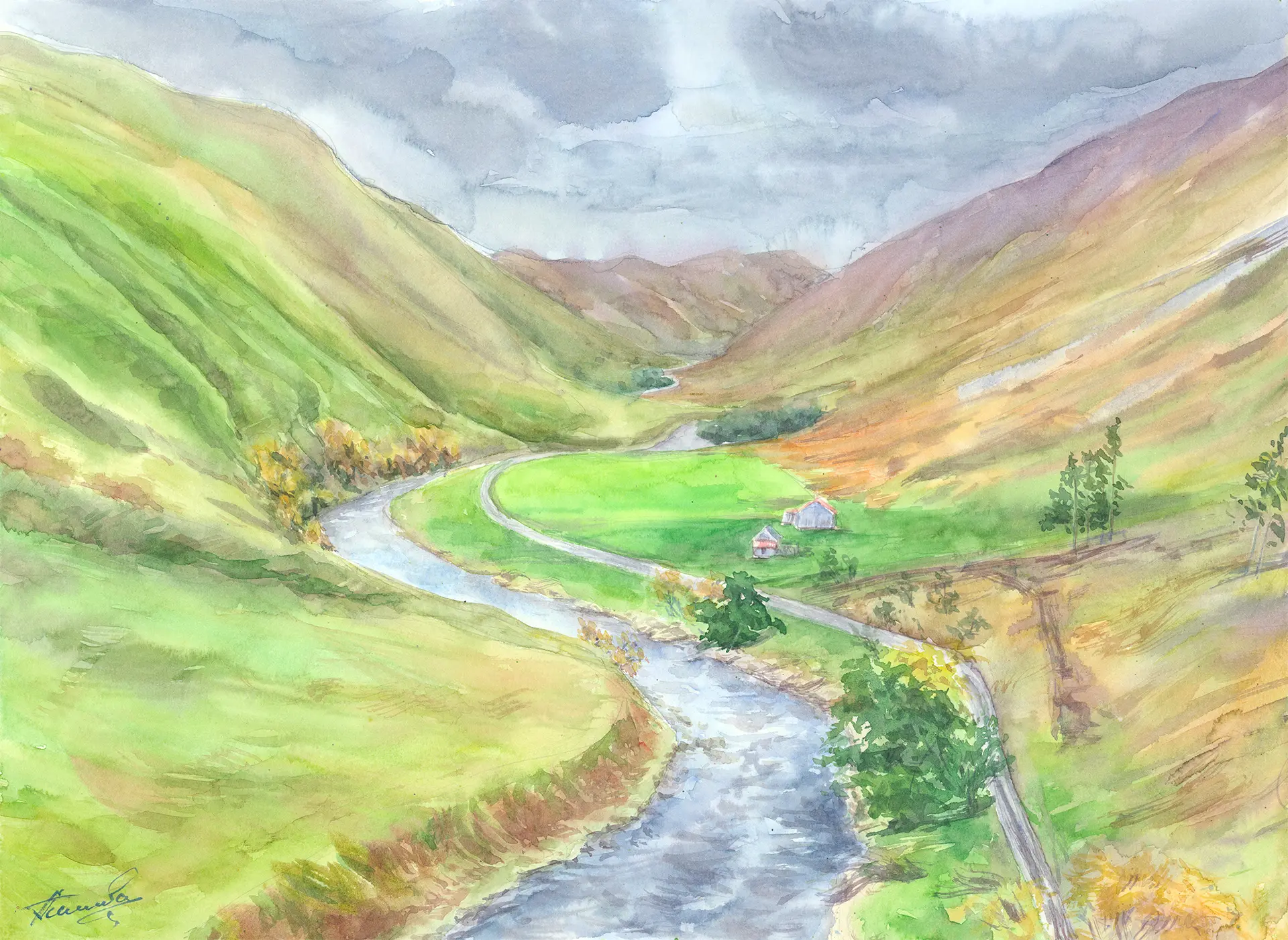 A river winds through a broad valley beneath a heavy grey sky, a single white cottage tucked in its bend, the fells either side warming into autumn.