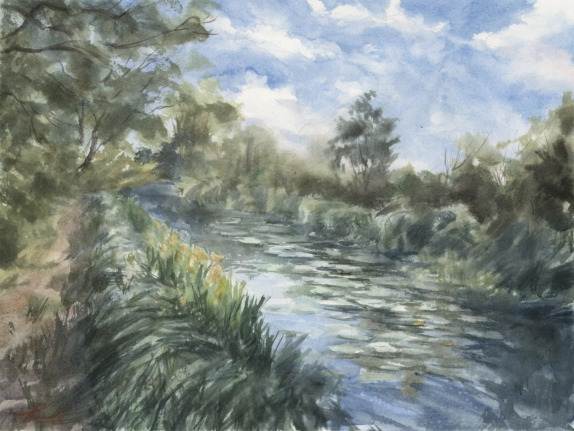 An early-summer watercolour of a solitary riverside walk just after rain — cool, glassy water and floating waterlilies drawing the eye, the path emptied and the fresh air all your own.