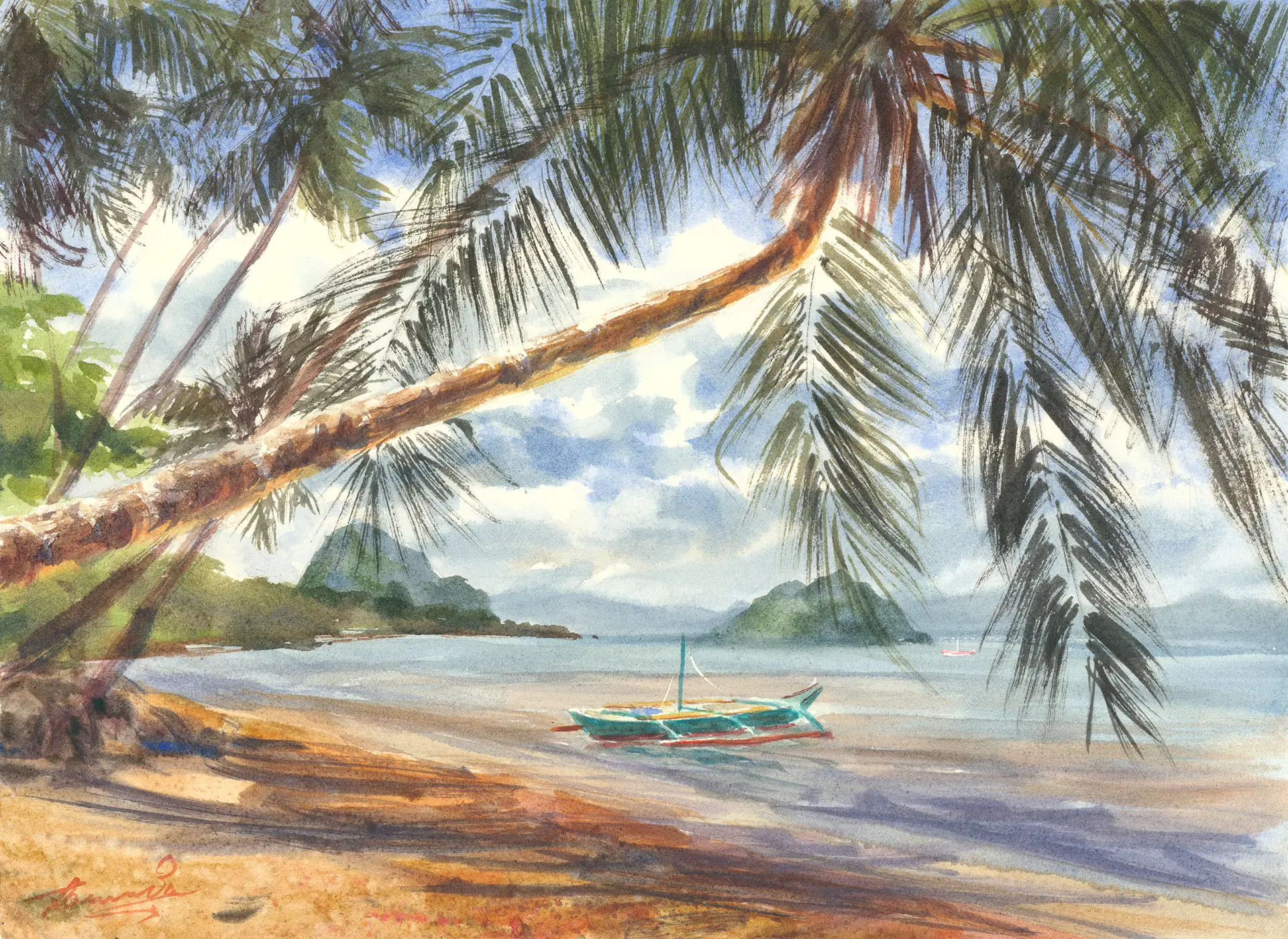 A banca outrigger resting in a palm-fringed Philippine bay, low limestone islands on the horizon, glass-flat water under bright cloud.
