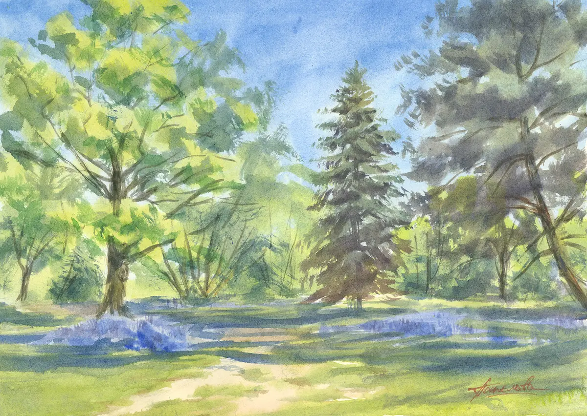 Bluebells, Bushy Park, an original watercolour painting by Nadia Poe