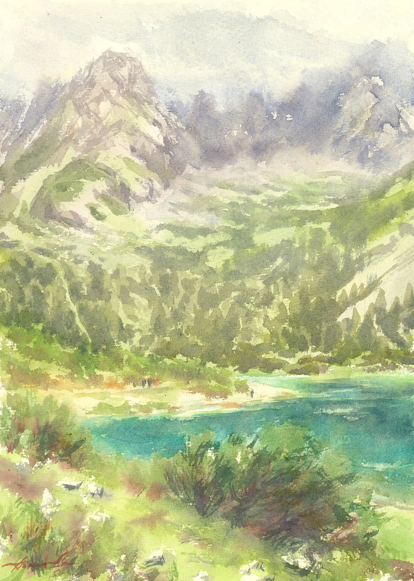 The turquoise water of Seebensee fills the foreground, dark conifers ringing the lake and the Austrian Alps rising sharply in mist behind.