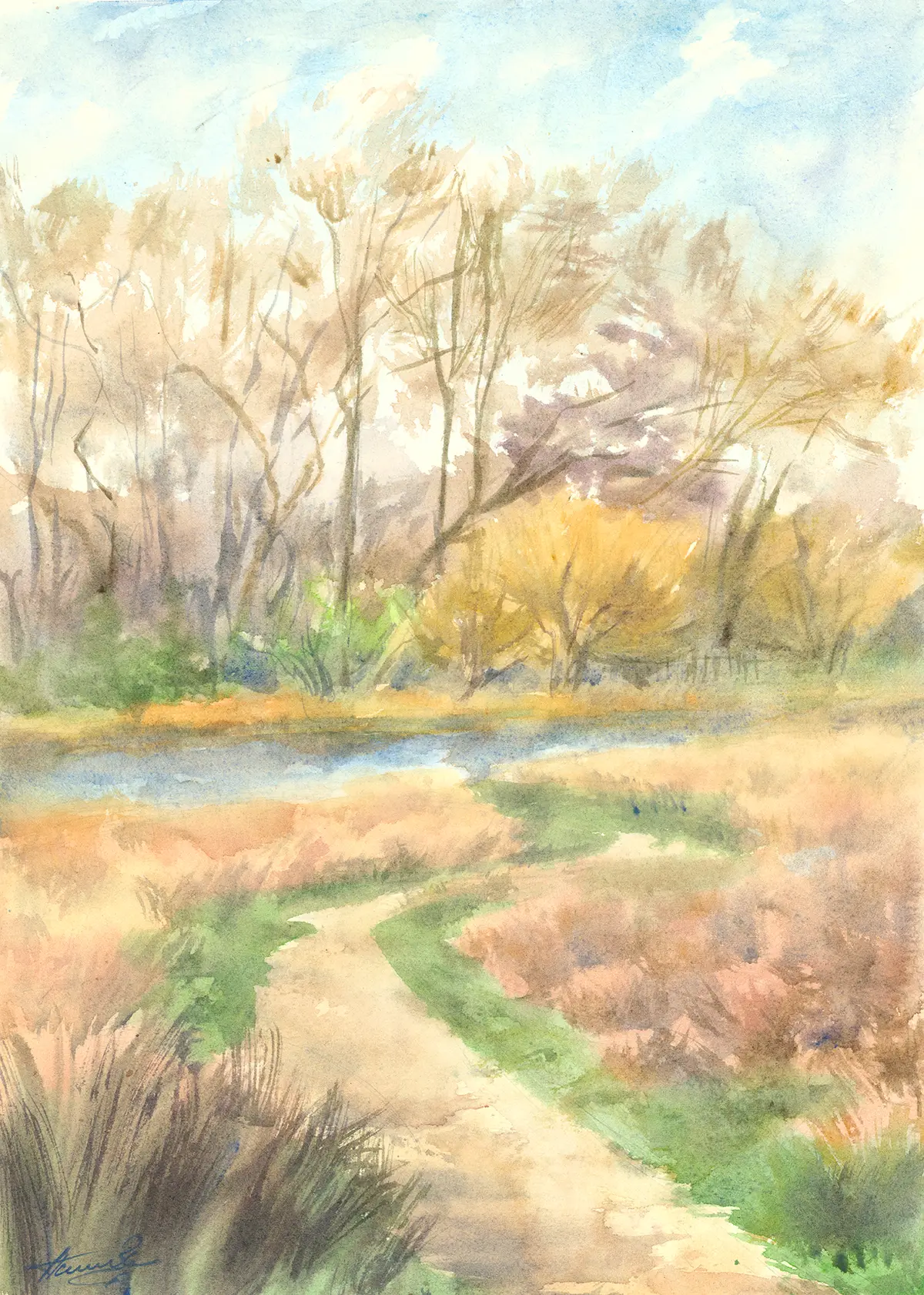 Path by the Brook, Richmond Park, an original watercolour painting by Nadia Poe
