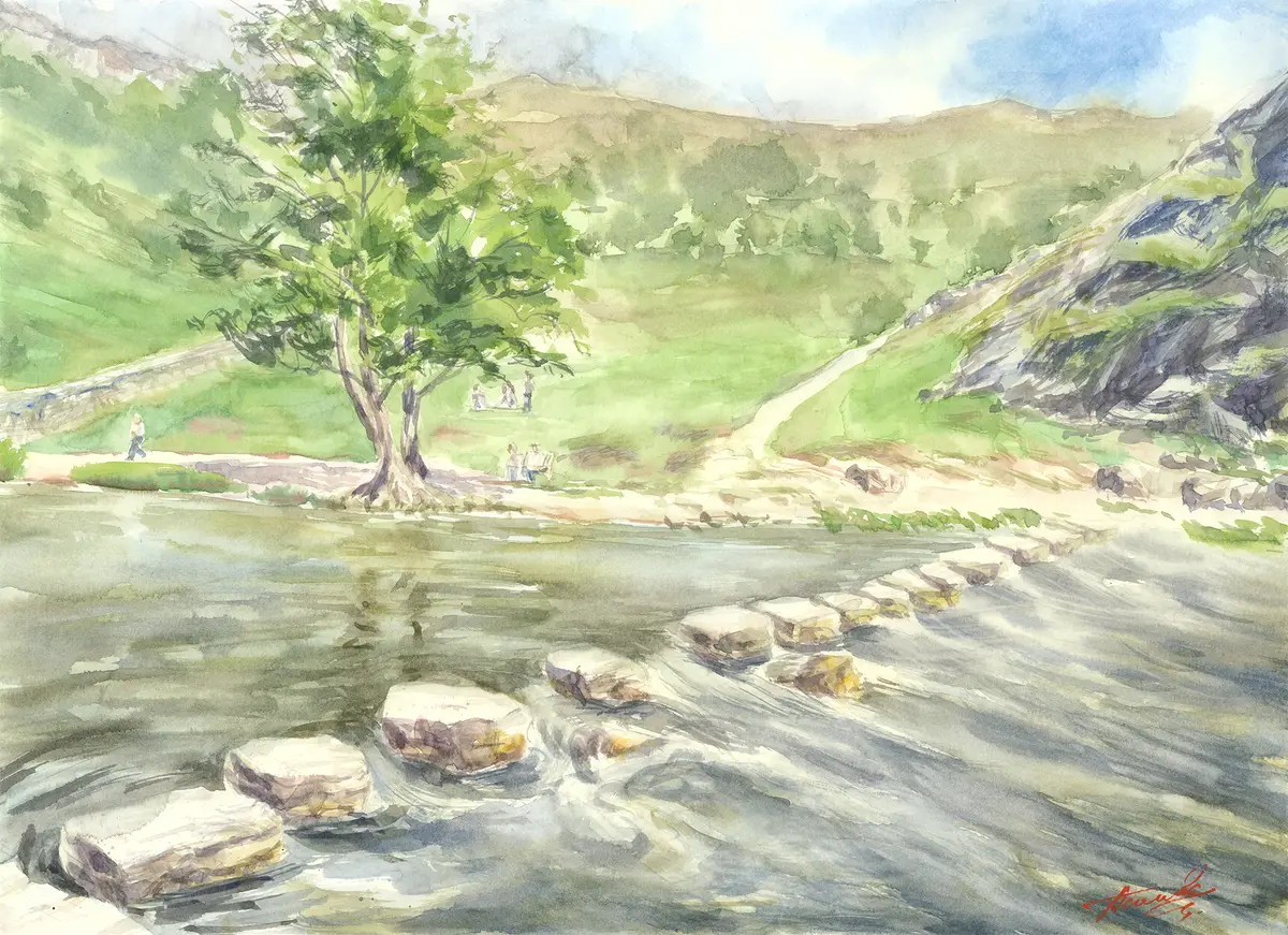 Dovedale Stepping Stones, an original watercolour painting by Nadia Poe