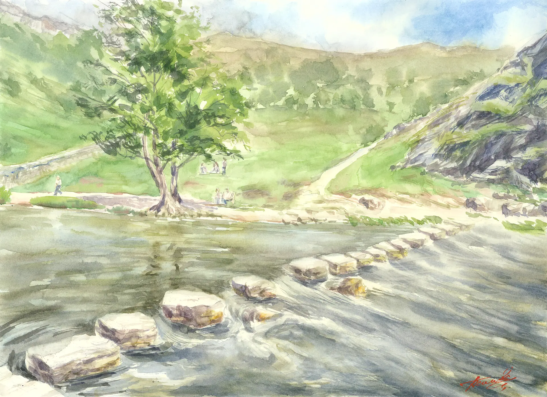 Stepping stones lead across the still River Dove to a leafy tree on the far bank, walkers paused beneath it, the Peak District hills rising softly in the summer haze.