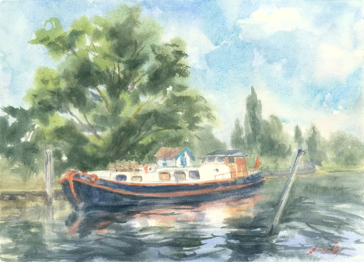 Moored at Steven's Eyot, Kingston, an original watercolour painting by Nadia Poe