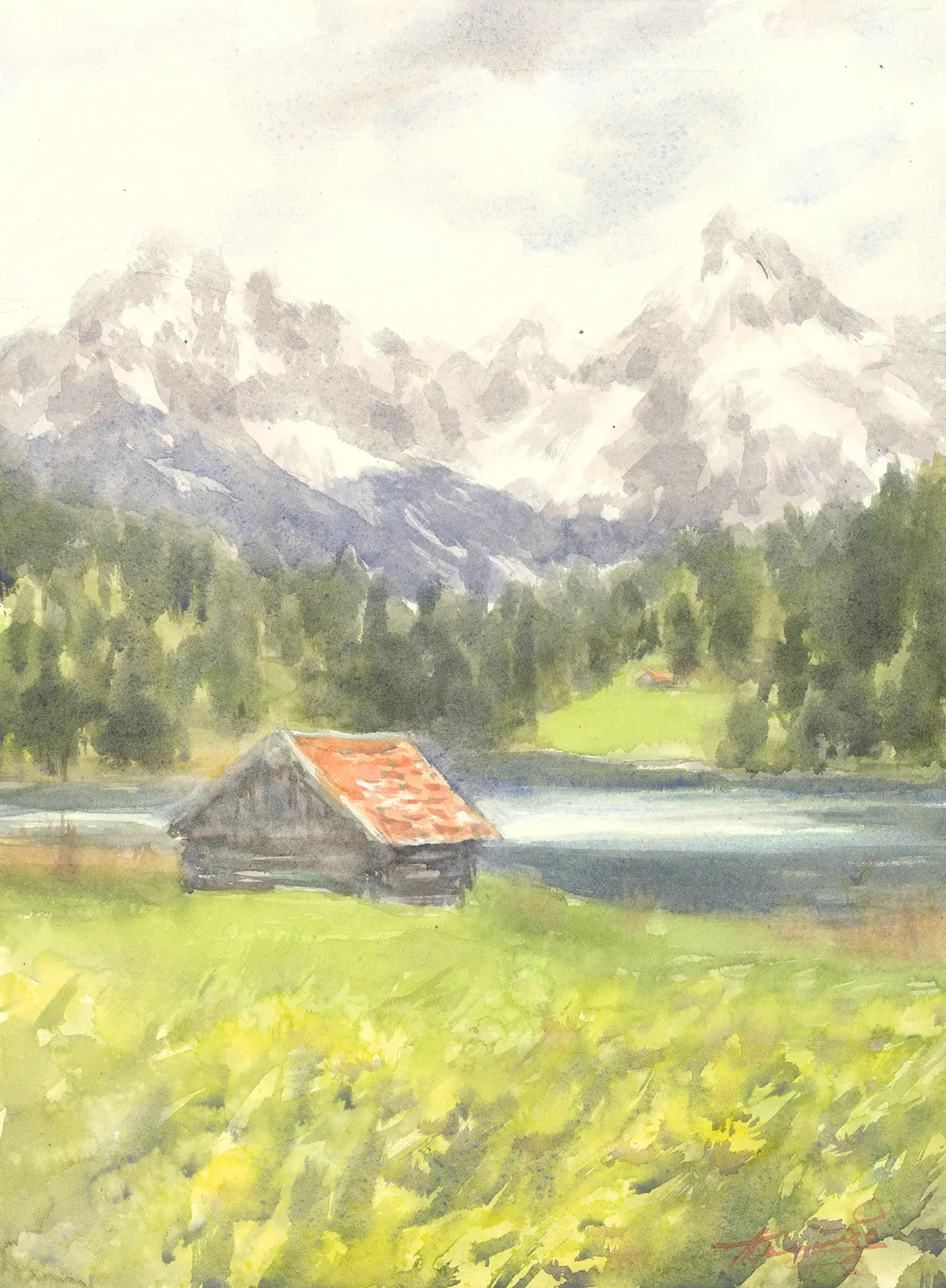 A red-roofed wooden barn rests beside the Geroldsee in the Bavarian Alps, the Karwendel mountains rising in mist behind and a wildflower meadow tumbling toward the lake.