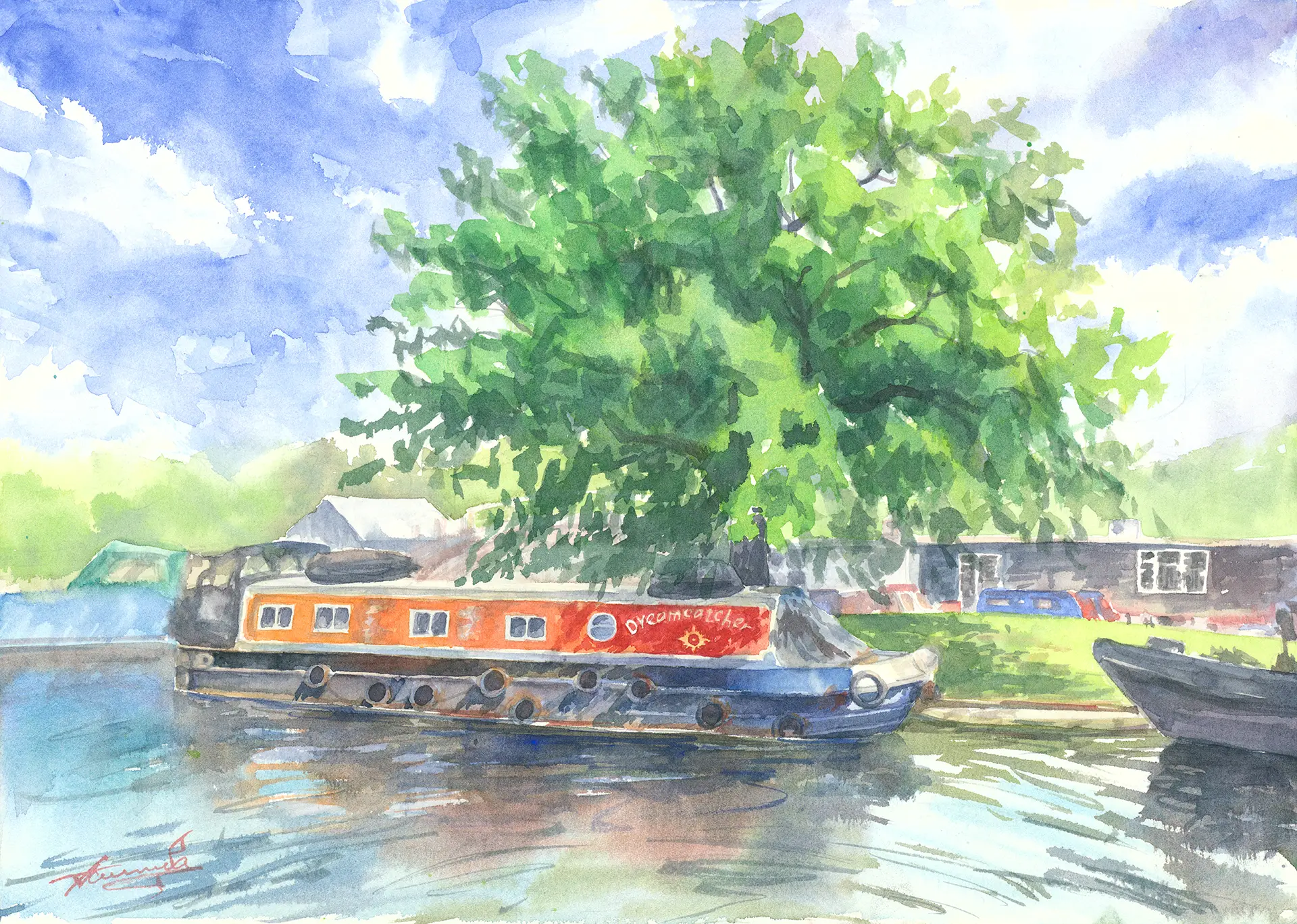 A red narrowboat moored beneath a sprawling canopy on the Colne Valley canal, the water cool and dappled in midsummer light.