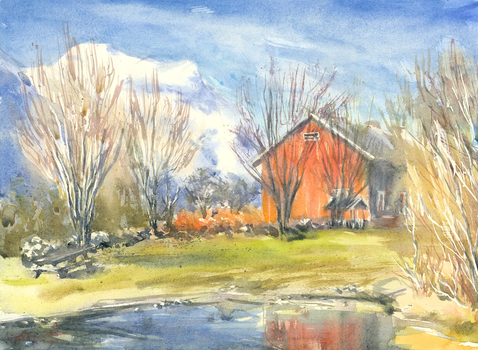 A red Norwegian house stands among bare winter trees in Sunndalen, ochre grasses around it and the building's colour caught in a still reflection in the water out front.
