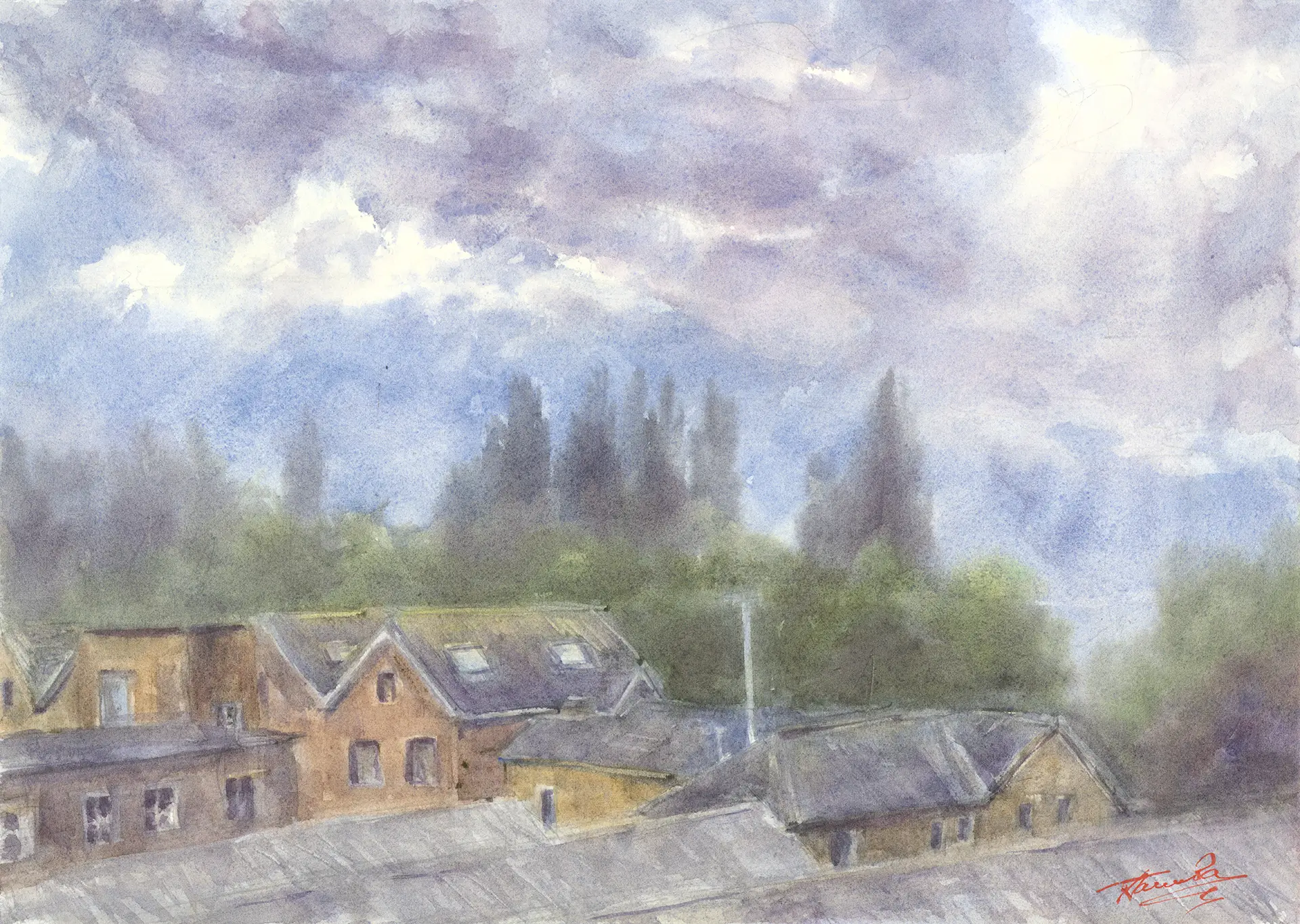 An evening watercolour of a city skyline caught between two showers — dramatic lavender-and-slate cloud breaking open over warm, wet rooftops in the unpredictable British dusk.