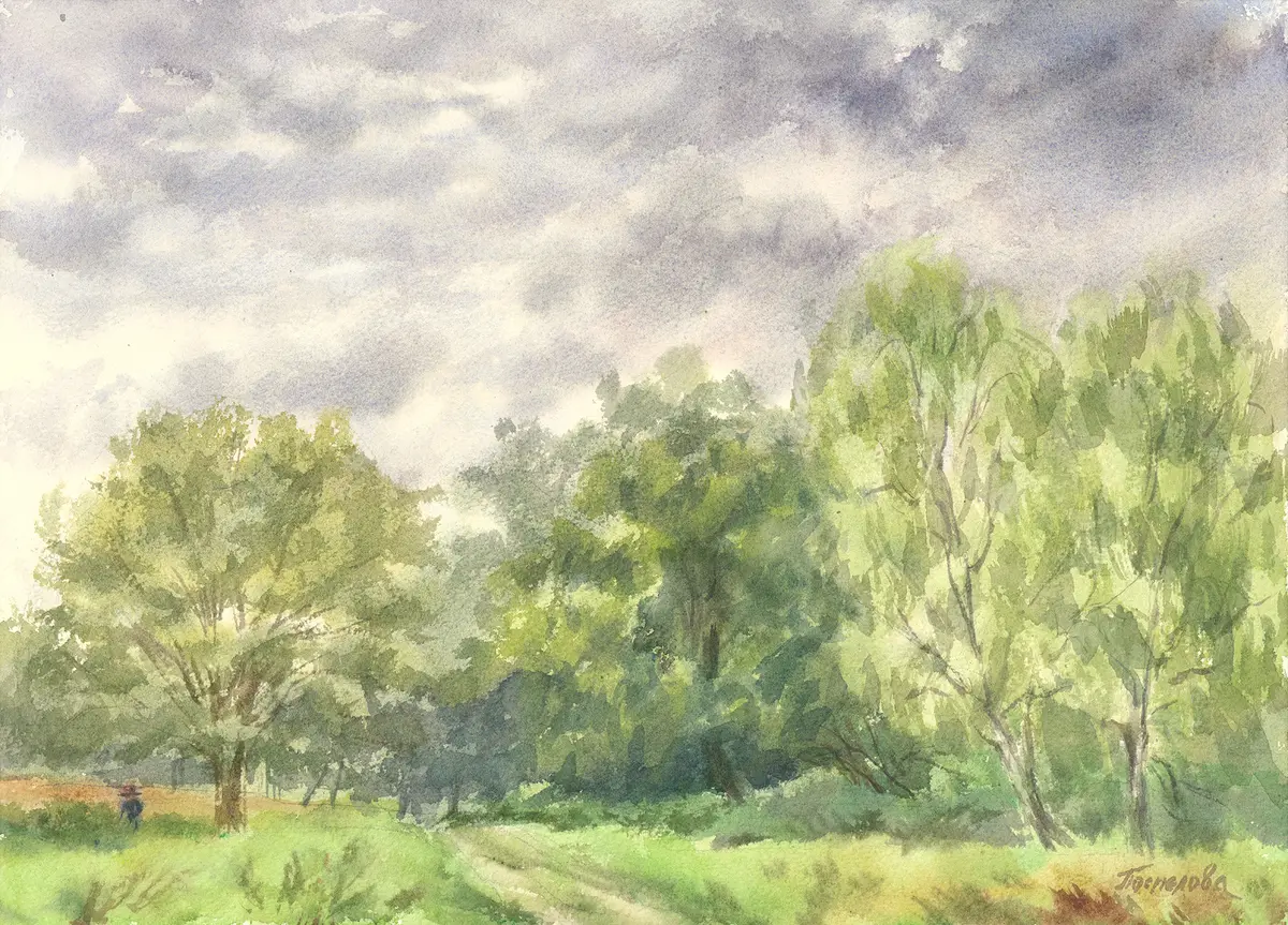 Overcast Meadow, Richmond Park, an original watercolour painting by Nadia Poe