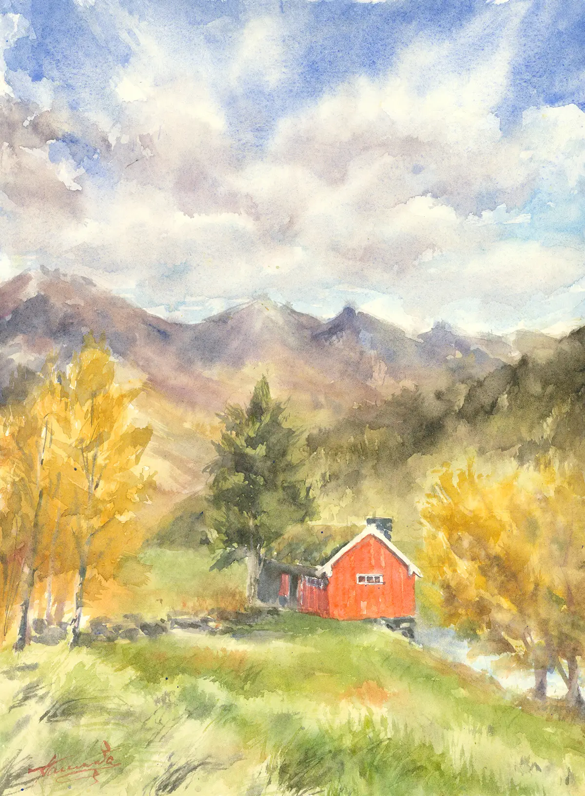 Øksendal, Norway, an original watercolour painting by Nadia Poe