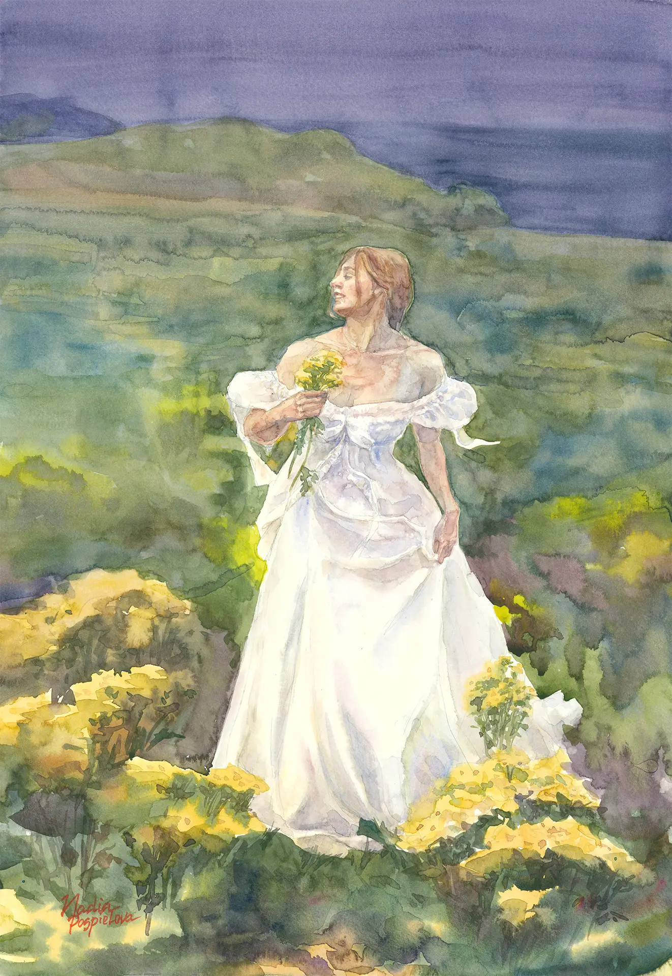 A woman in a white gown stands among yellow gorse on the moors, gathering a small posy as the sky goes heavy behind her.