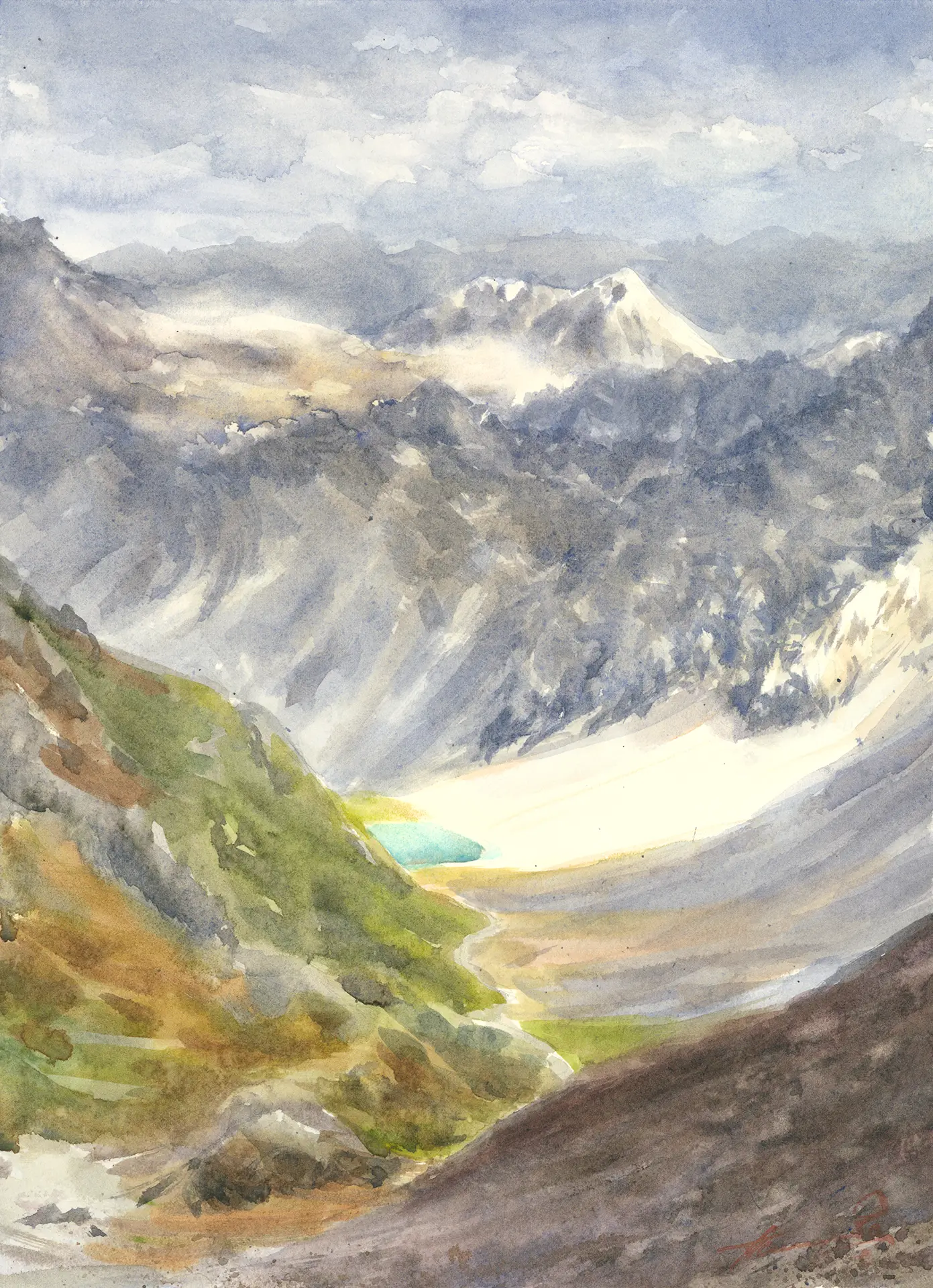 A turquoise tarn rests at the foot of a glacial valley in the Swiss Alps, snow-streaked peaks rising on either side and the ridges fading softly into mist.