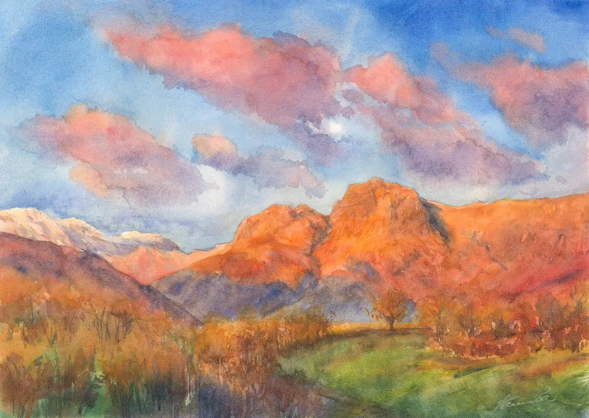 Sunset in Langdale Valley, an original watercolour painting by Nadia Poe