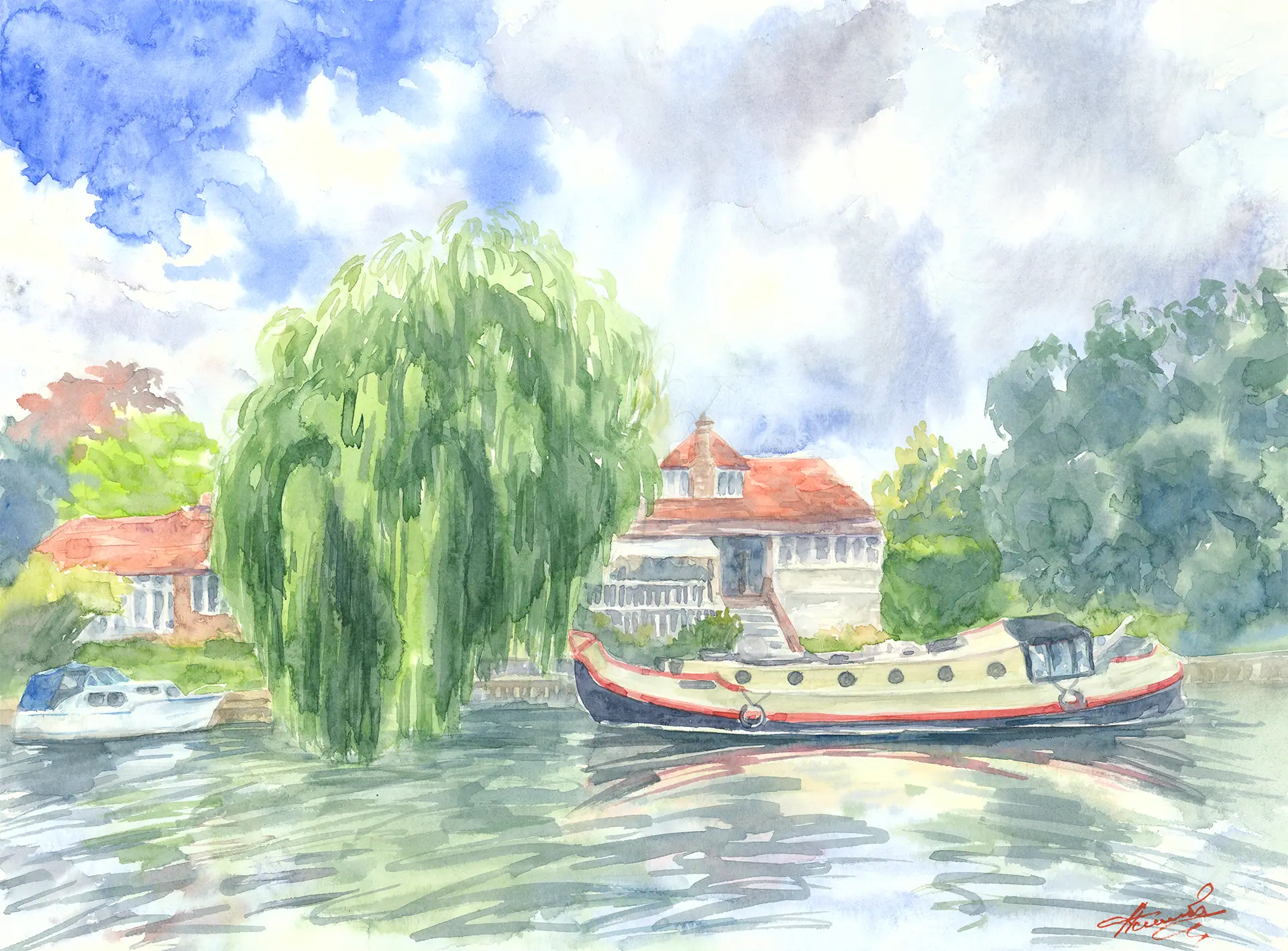 A weeping willow leans over the Thames at Staines, sheltering moored boats and a red-roofed riverside house in soft summer light.