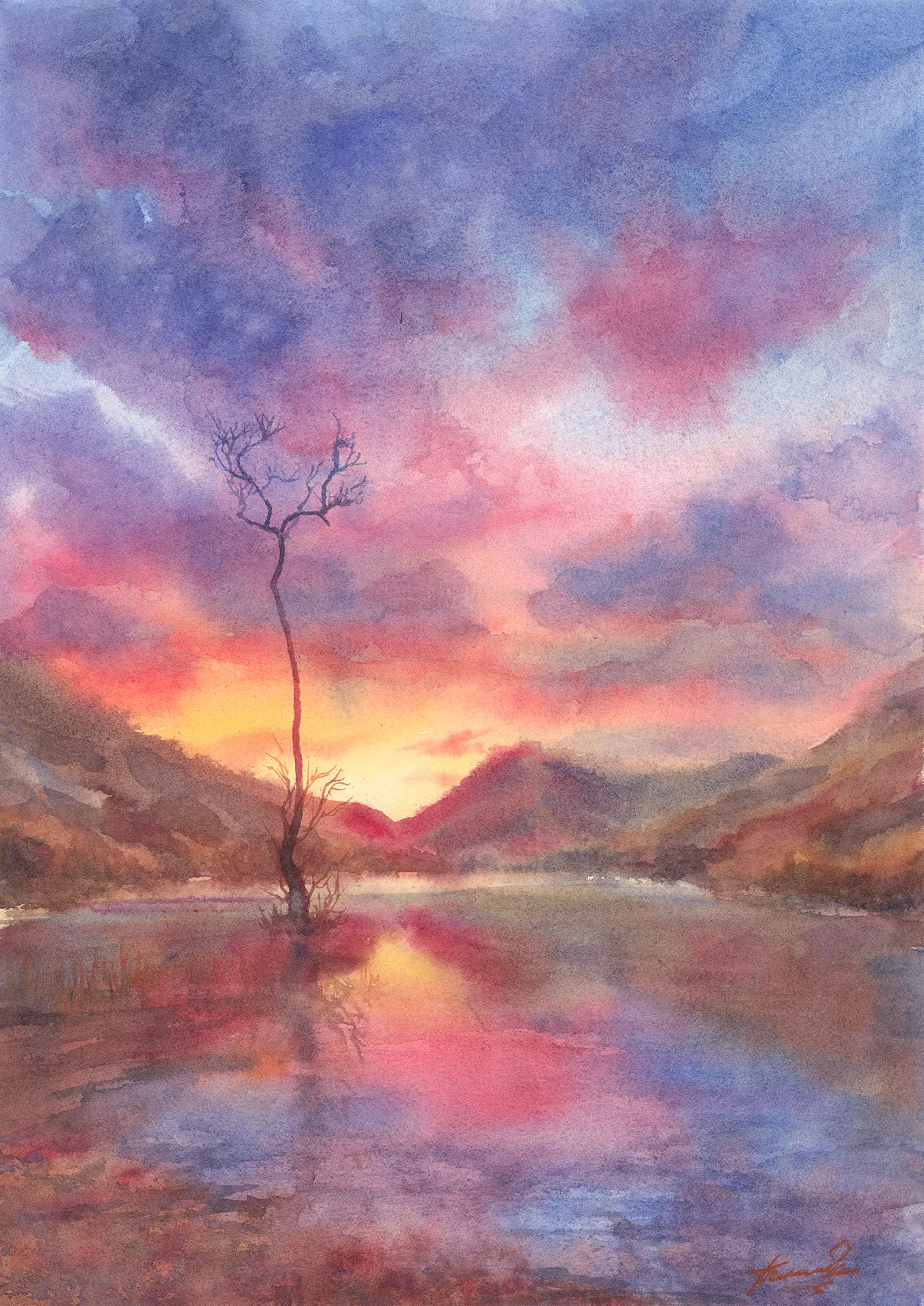 A watercolour of the Lone Tree of Buttermere at sunset — one of the Lake District's most-photographed landmarks, mirrored in still water beneath a peach and lavender sky, framed by the Cumbrian fells.