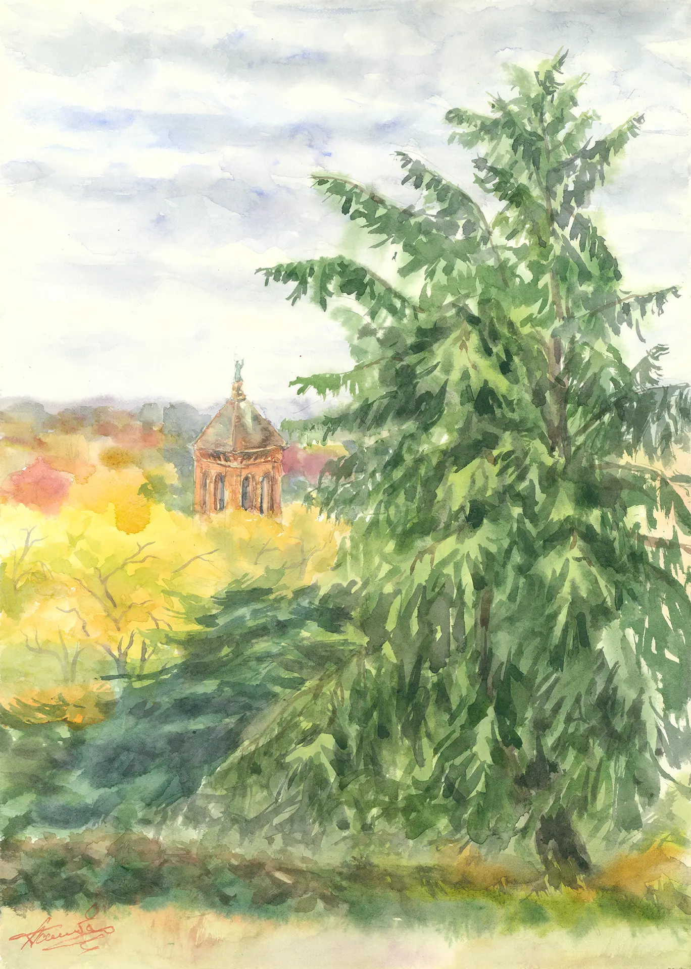 An autumn watercolour from the western edge of Richmond Park near Petersham Gate, a great cedar standing dark over turning bracken with the campanile of All Saints', Petersham, just visible through the trees.