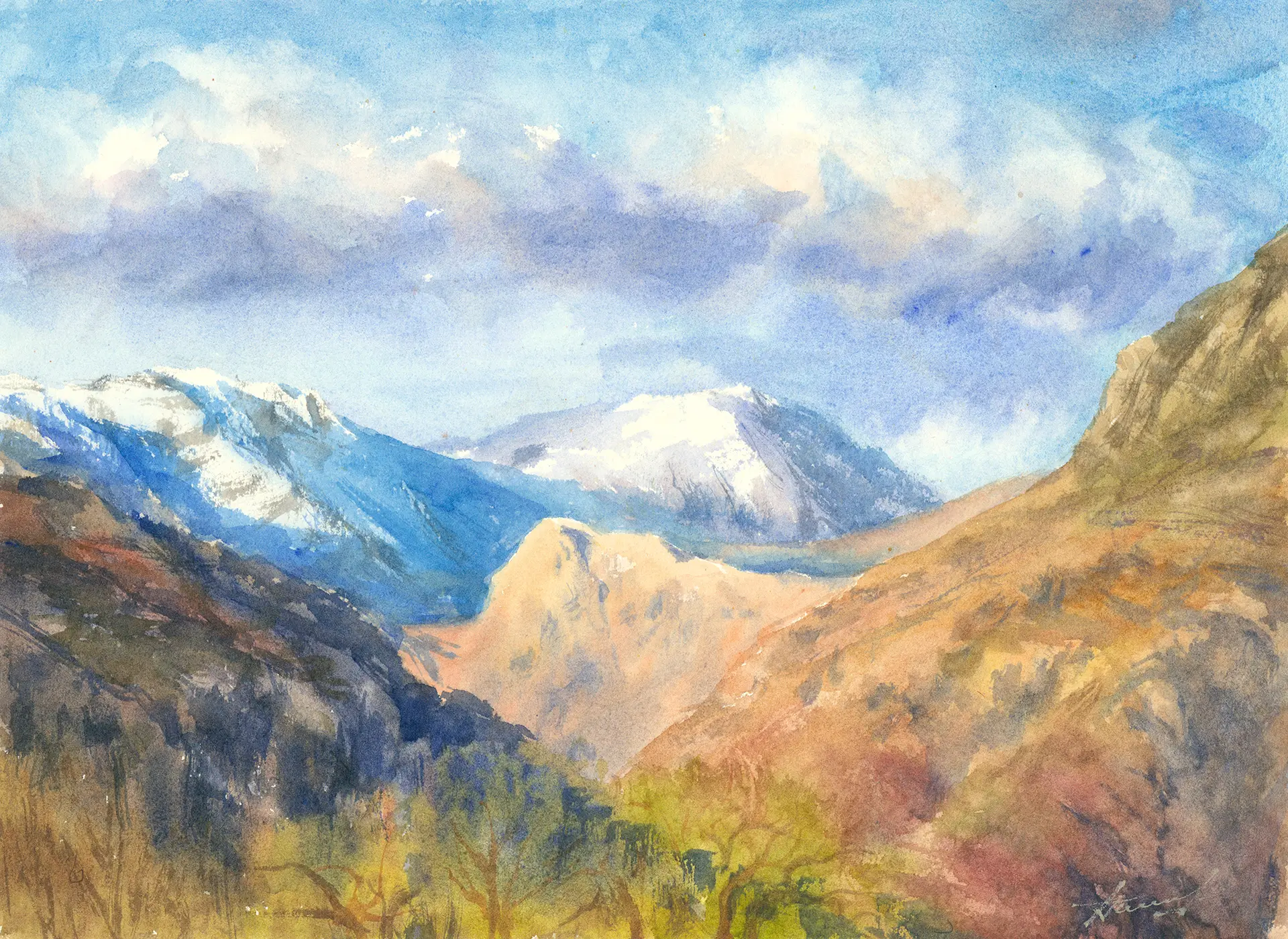 Snow lingering on the high fells above Langdale, framed by bracken-russet slopes and the last copper of autumn in the valley below.