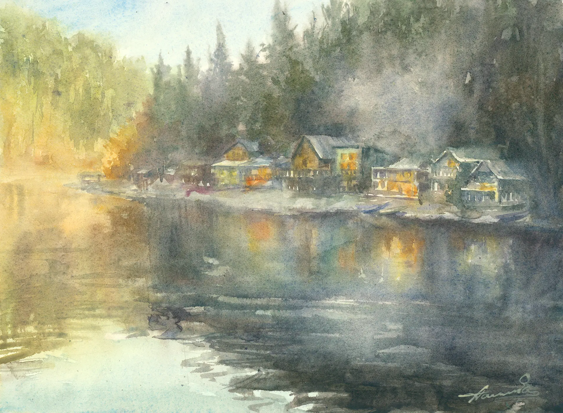 Lakeside cabins glow warm through Pacific Northwest mist, conifers dark behind them and the still water mirroring the lights as autumn settles around the lake.
