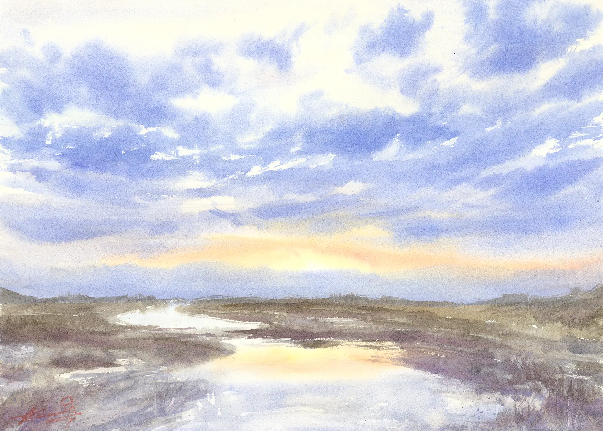 A peach-warm sunset settles over still water threading through dark marsh and scrub, the sky filled with drifting cumulus and the last light caught in the inlet below.