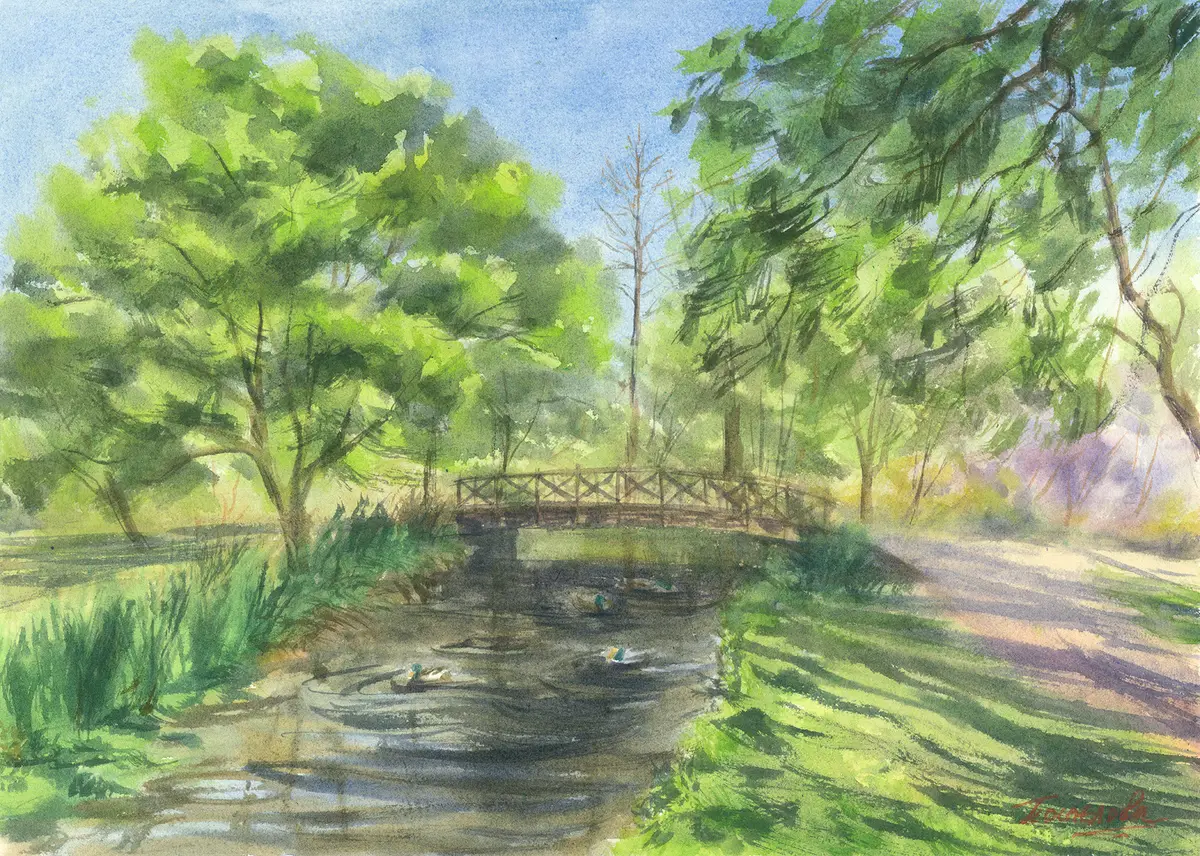 Woodland Gardens Bridge, Bushy Park, an original watercolour painting by Nadia Poe